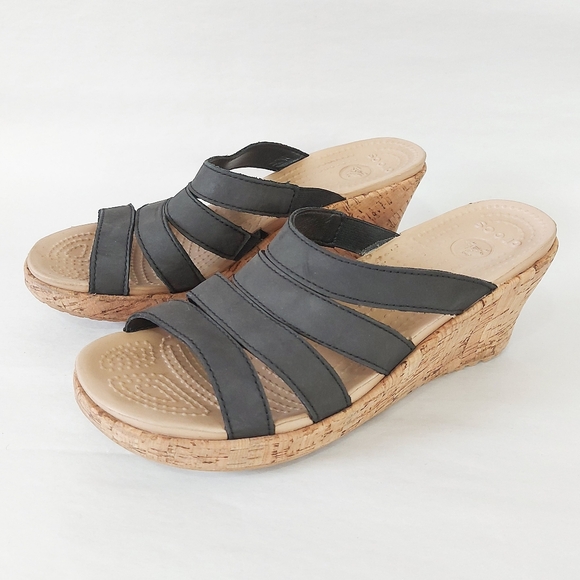 CROCS Shoes - Crocs Women Wedge A-Leigh Cork Heel Black Strappy Slide Slip-on Sandals Size 10